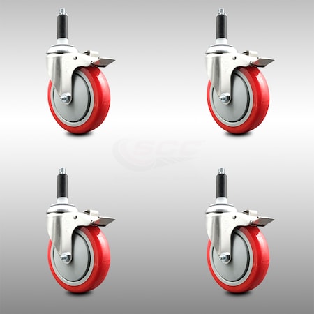 Service Caster 5 Inch 316SS Red Poly Swivel 7/8 Inch Expanding Stem Caster Set Lock Brake SCC-SS316TTLEX20S514-PPUB-RED-78-4